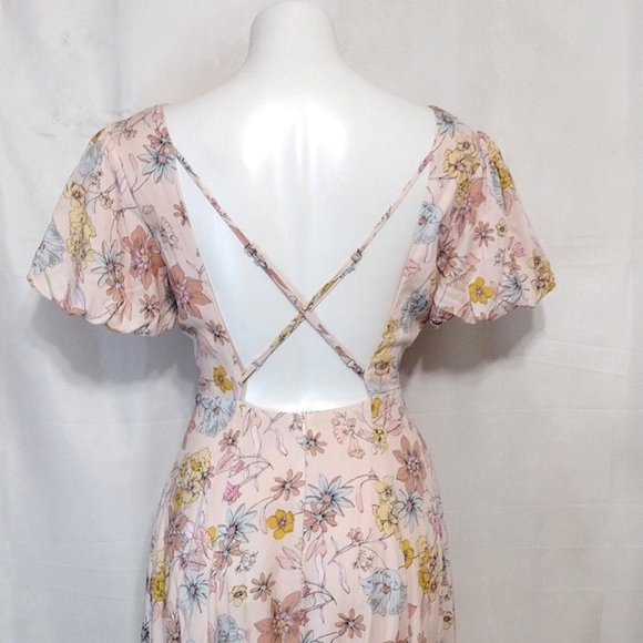 Lulus NWT Floral Print Puff Sleeves Crisscross Open Back Maxi Dress XS - Picture 12 of 15
